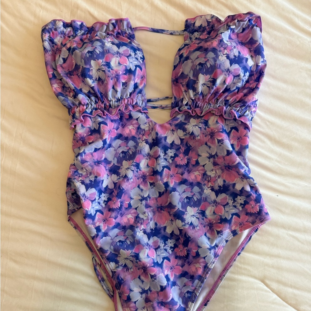 SHEIN Purple Floral One-Piece Swimsuit with Pink and White Accents